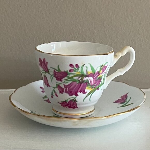 VTG Regency China, England Teacup & Saucer, Purple Floral Print, Gold Trim - Picture 1 of 10